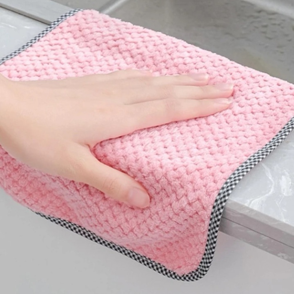 5pcs Plain Cleaning Rag, Pink Polyester Cleaning Cloth, For Kitchen